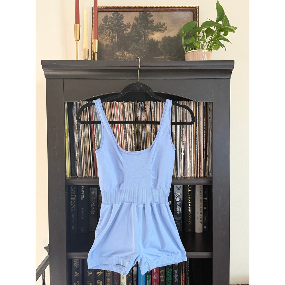 Free People Movement Good Karma Romper Women XS Blue Strappy Back Ribbed